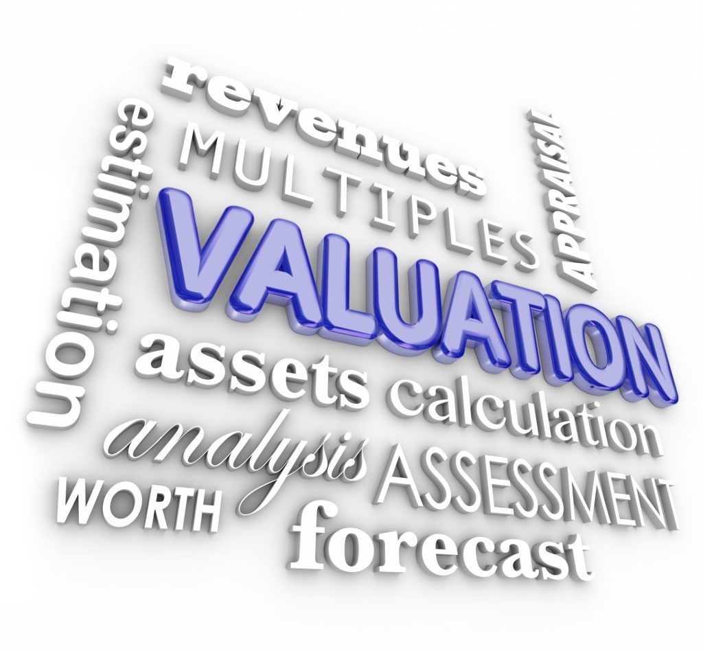 Business valuation concept with blue highlighted text surrounded by related terms like assessment, assets calculation