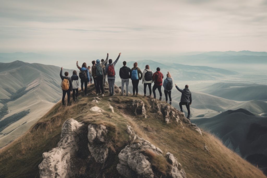 Group of diverse professionals standing together on mountain peak overlooking vast landscape