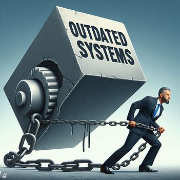 Businessman straining against heavy mechanical gear labeled "Outdated Systems," symbolizing growth hampered by inefficient