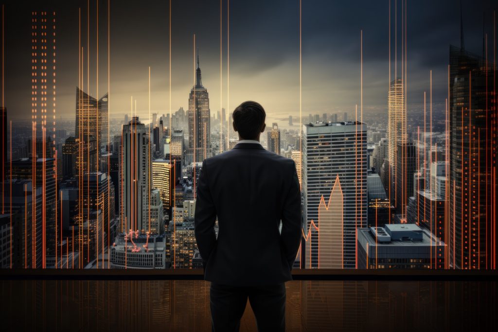 Businessman in suit facing cityscape window, symbolizing data-driven business strategy and growth