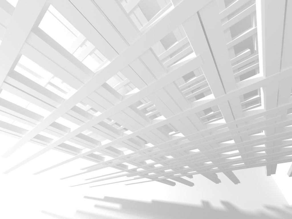Modern office ceiling with recessed lighting and geometric architectural structure symbolizing breaking through barriers