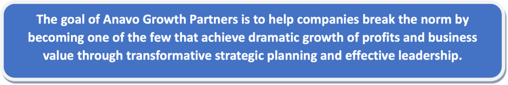 Banner describing Anavo Growth Partners' mission to help companies break norms by becoming one of the best and creating