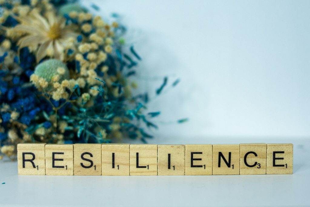 Wooden letter tiles spelling "resilience" with blurred green plant in background, symbolizing organizational strength