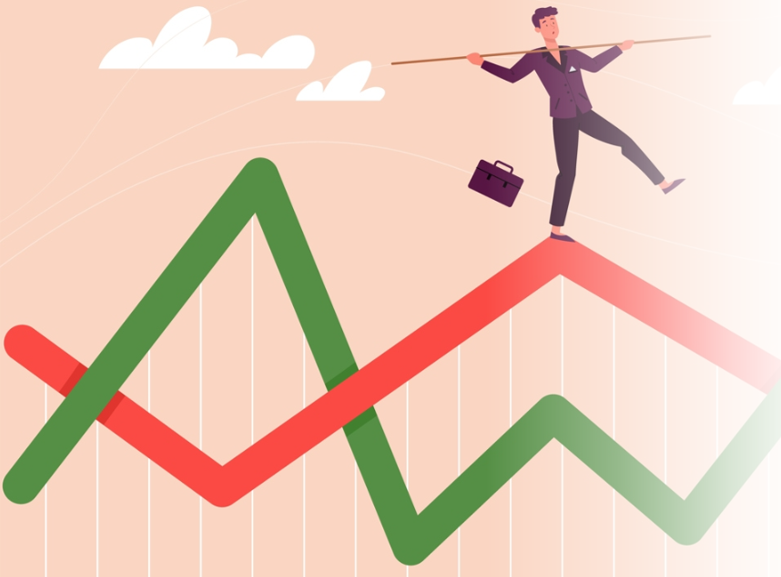 Businessman leaping over growth chart showing market volatility and business expansion challenges