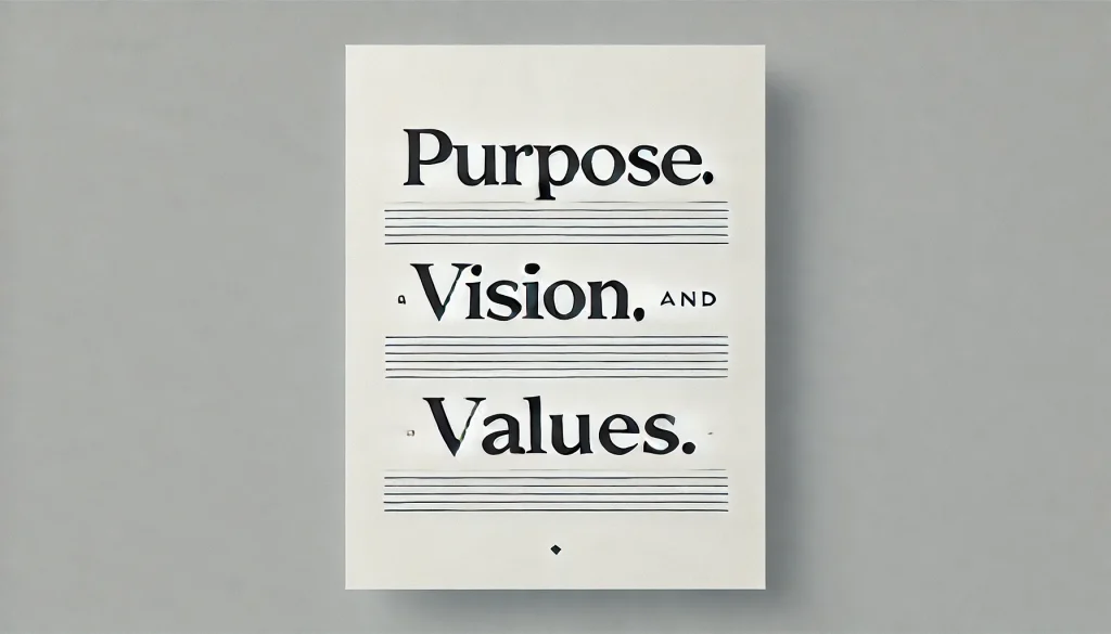Minimalist poster displaying "Purpose. Vision. Values." text on white background