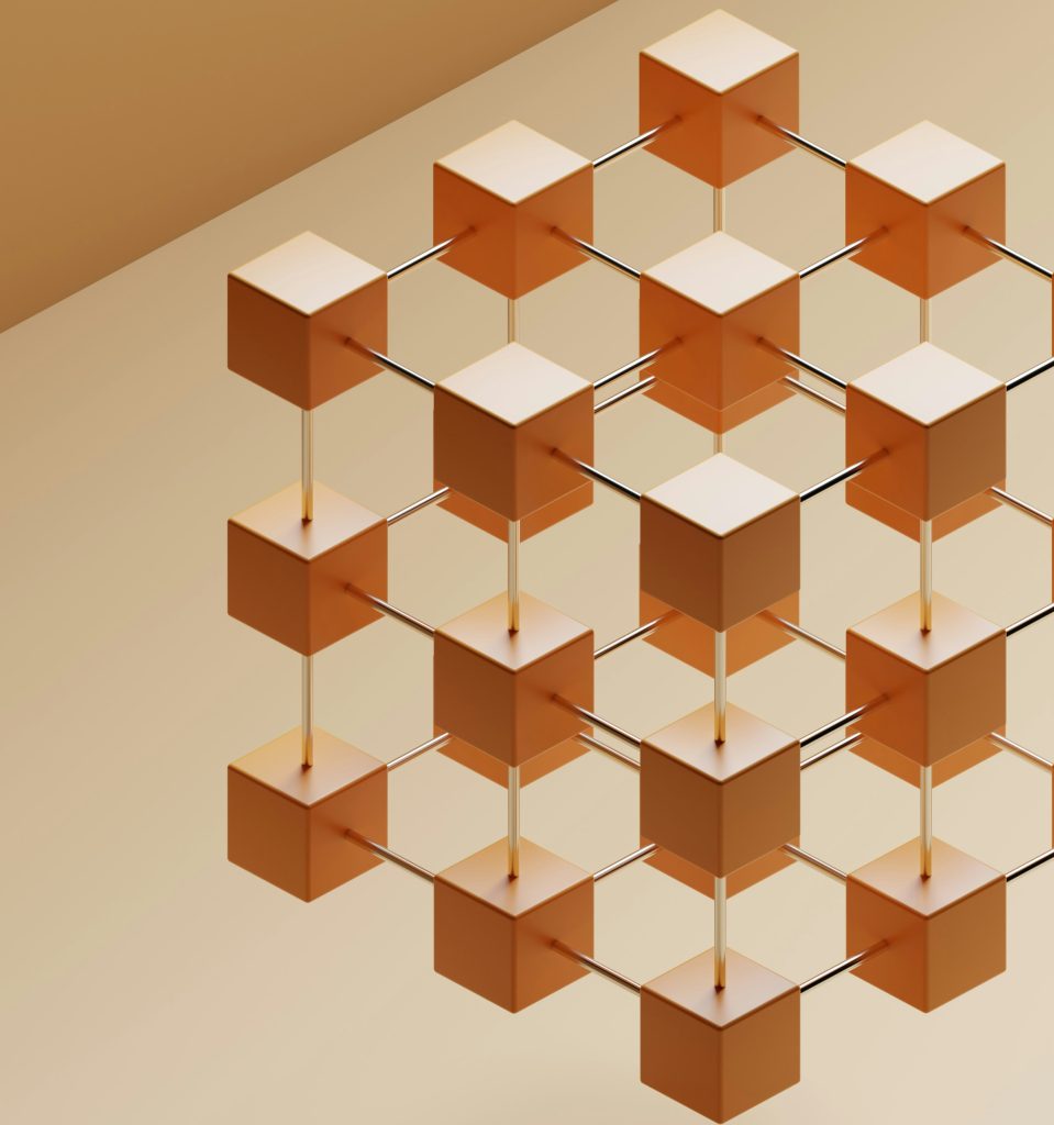 3D isometric grid pattern of alternating brown and white cubes representing modular business structure and strategic planning